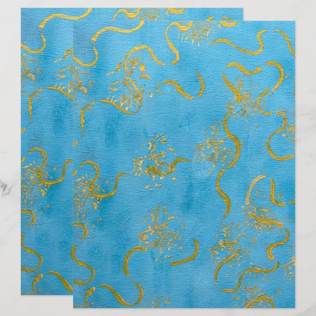 Gul Guld Virvlar på Blått Blandar Scrapbookpapper (Fram/baksida)