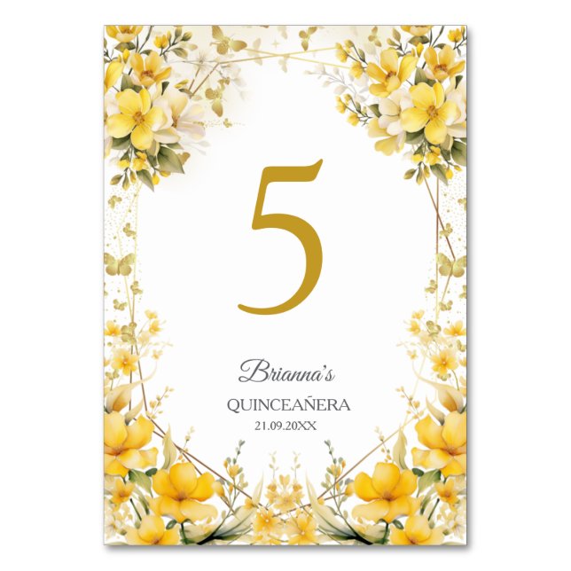 Gul Gylden Blommig Fjäril Quinceañera  Bordsnummer (Framsidan)