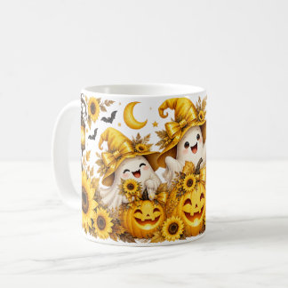 Gul Halloween-spöken Pumpor & Solrosor Mugg
