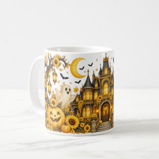 Gul Halloween-spökhus och solrosmugg Kaffemugg