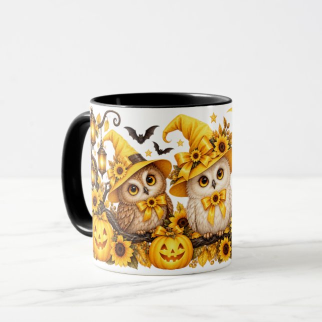 Gul Halloween Ugglor Pumpa & Solrosmugg Mugg (Framsida vänster)