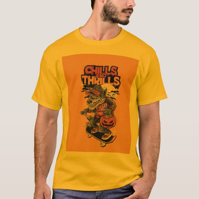 Gul halvärmad T-shirt med vargdesign  (Framsida)