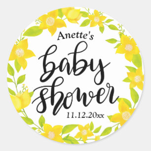 Gul handskriven baby shower för blommigt   runt klistermärke