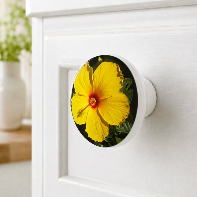 Gul Hibiskus Blomma Keramisk Knap Knopp (Yellow Hibiscus Flower Ceramic Knob)