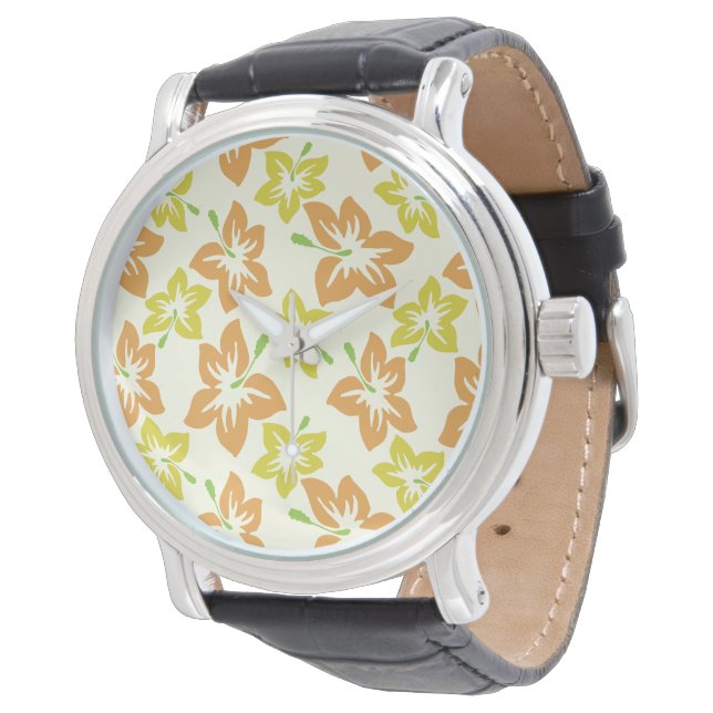 Gul Hibiskus, Orange Hibiskus, Blommönster Armbandsur (Vinklad)