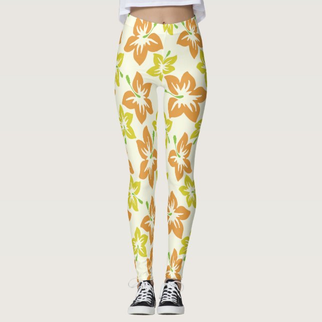 Gul Hibiskus, Orange Hibiskus, Blommönster Leggings (Framsida)