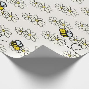 Gul honungsbi och vit tusenskönemönster kräm presentpapper