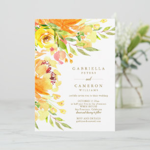 Gul Höst Akvarell Blommig Elegant Bröllop Inbjudningar