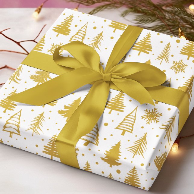 Gul julgran Snöflingor Vit Mönster Presentpapper (Skapare uppladdad)