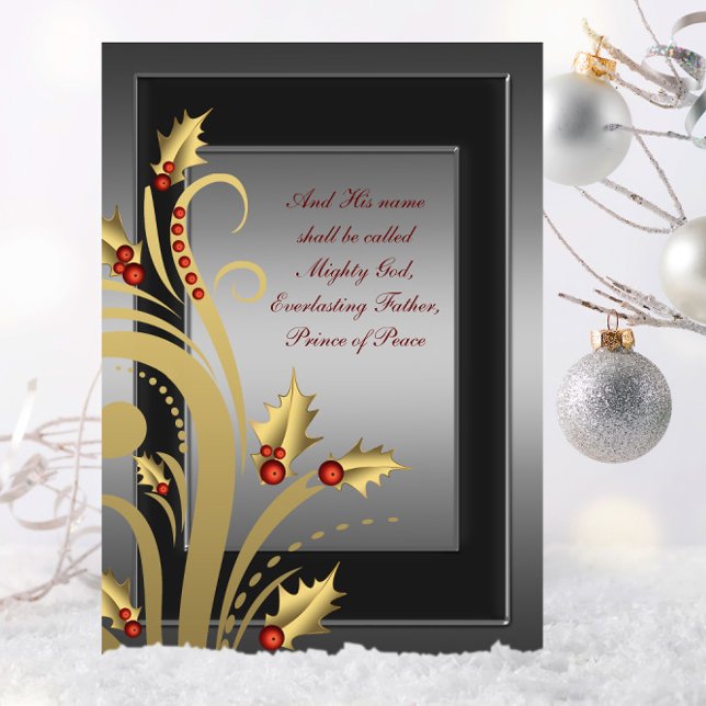 Gul julkort med kristen julhälsning helgkort (Christian Christmas card with elegant red and gold holly swirl.)