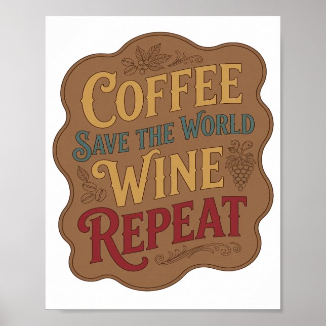 Gul KAFFE RÄDDA VÄRLDEN VIN REPETERAR Design Poster (Framsidan)