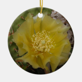Gul kaktus i blomning julgransprydnad keramik