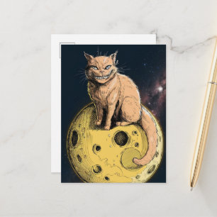 Gul katt ler på månen vykort