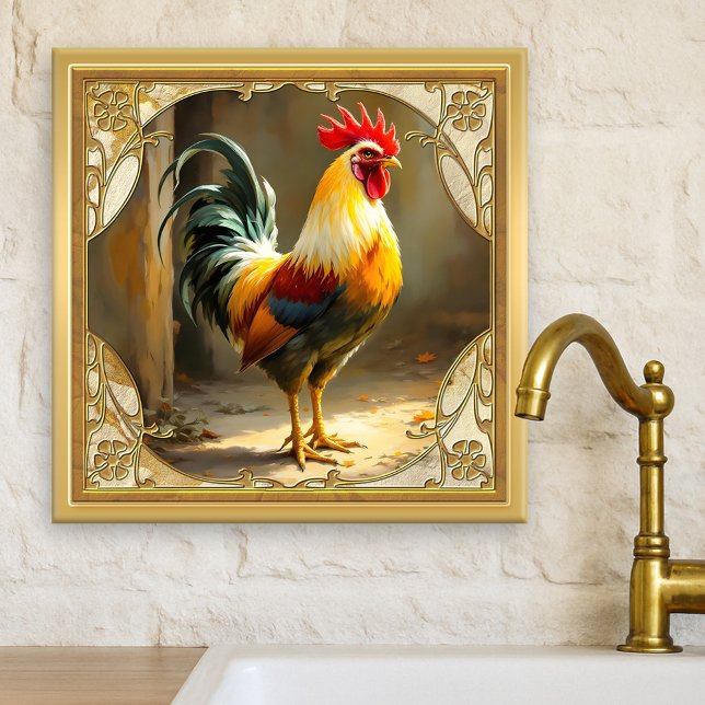 Gul keramisk kakel med tupp i lantlig stil (Tile featuring a painting of a rooster framed by a classic design in gold. Beautiful for a farmhouse)