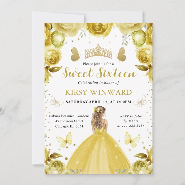 Gul klänning Blond prinsessa Sweet 16 Inbjudningar (Framsida)