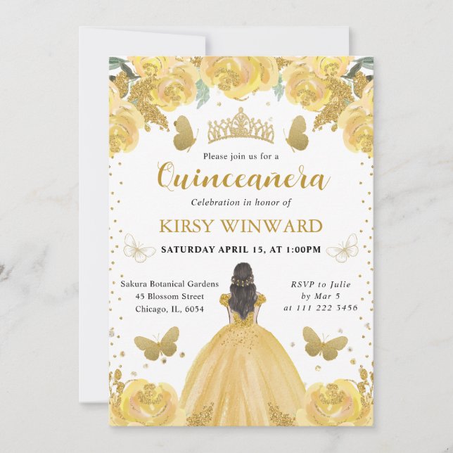 Gul klänning Brunett hår Prinsessa Quinceanera Inbjudningar (Framsida)