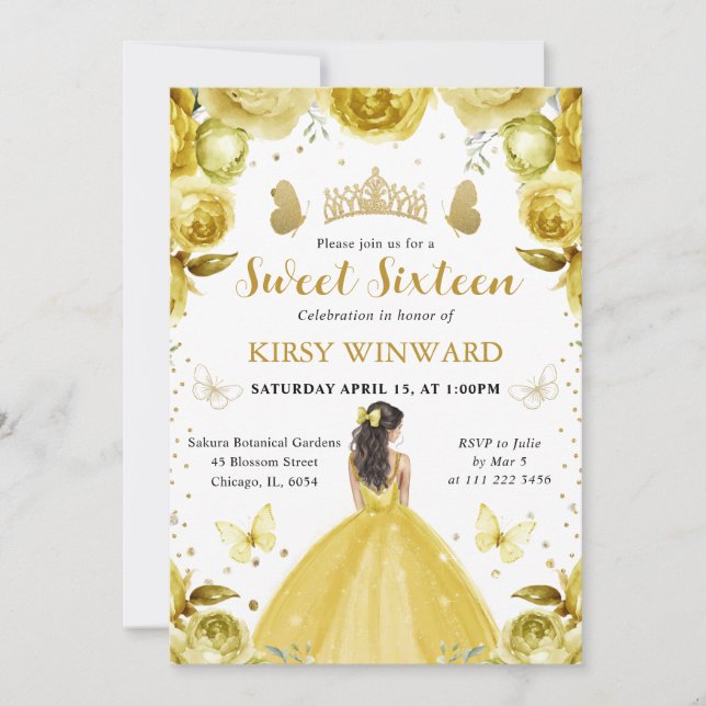 Gul Klänning Brunett Prinsessa Sweet 16 Inbjudningar (Framsida)