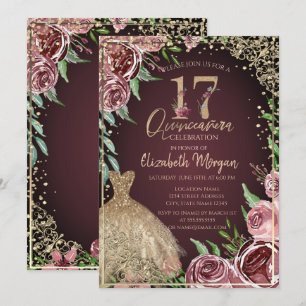 Gul klänning diamanter Burgunderrosor Quinceañera Inbjudningar