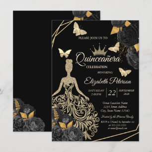 Gul klänning, fjäril Svarta rosor Quinceañera Inbjudningar
