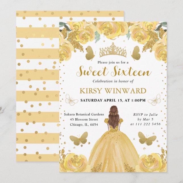 Gul klänning Rödhårig prinsessa Sweet 16 Inbjudningar (Fram/baksida)