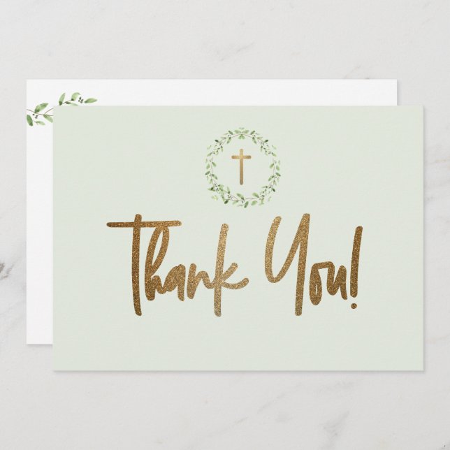 Gul kors grönt vattenfärg blad Första kommunion Tack Kort (Fram/baksida)