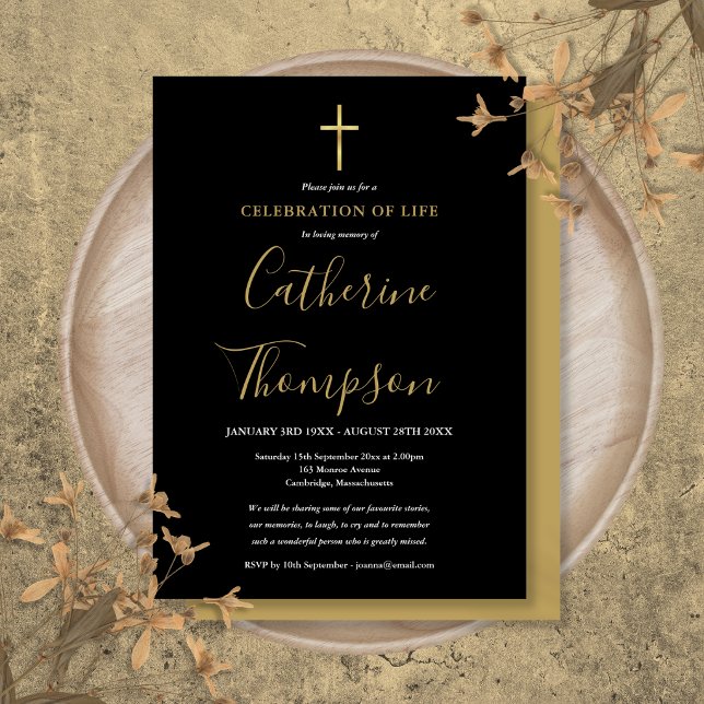 Gul korsmanus begravningsfirande av livet inbjudningar (Gold Cross Script Funeral Celebration of Life Invitation)
