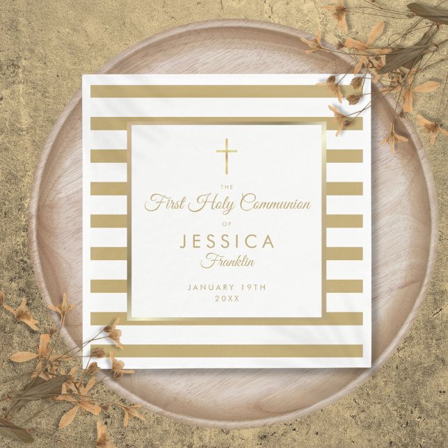 Gul korsrandig första kommunion pappersservett (Gold Cross Stripe First Holy Communion Napkins)