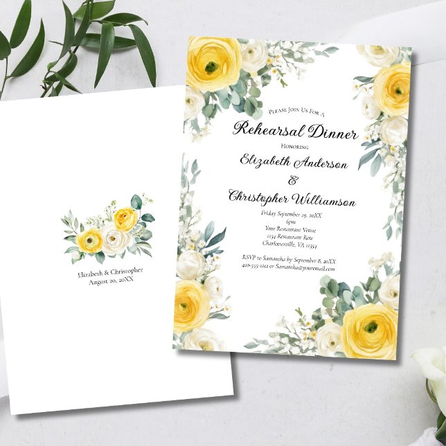 Gul kräm vattenfärg blommor för repetitionen midda inbjudningar (Yellow cream Watercolor flroals elegant Wedding Rehearsal Dinner Invitation. Printed or Digital)