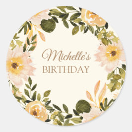 Gul krämfärgad blommig födelsedagsnamn runt klistermärke