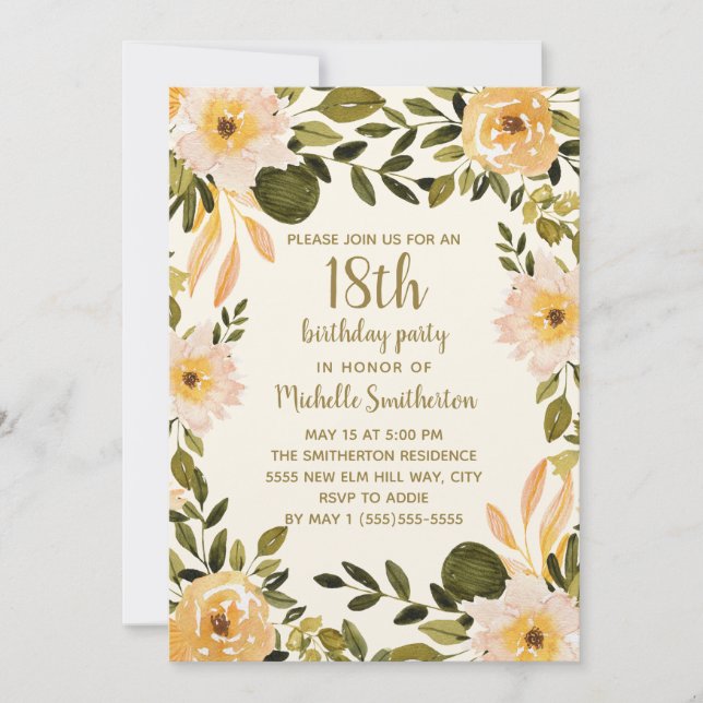 Gul krämfärgad blomstergrönska 18-årsdag inbjudningar (Framsida)