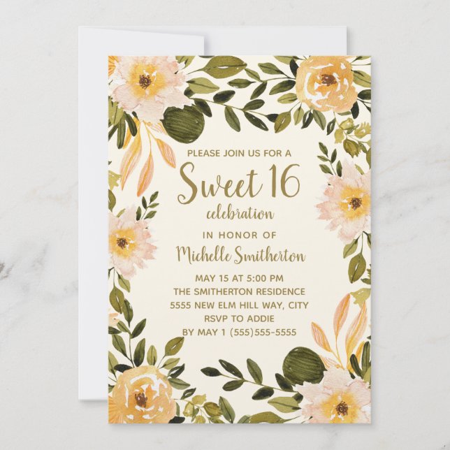 Gul krämfärgad blomstergrönska Sweet 16 Inbjudningar (Framsida)