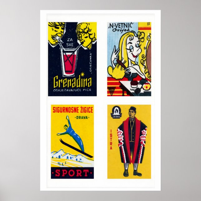 Gul kroatisk etikett för tändsticksaskar, rutnätst poster (Framsidan)