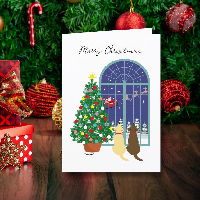 Gul lab, choklad Lab Magisk Nattjul Helgkort (Yellow Lab, Chocolate Lab Magical Night Christmas Cards.  Santa Claus in the sky.  Labrador design.)