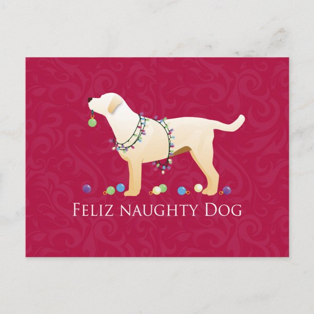 Gul lab jul Feliz Naughty Hund Helg Vykort (Framsida)