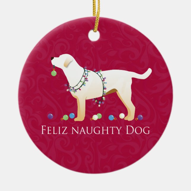 Gul lab jul Feliz Naughty Hund Julgransprydnad Keramik (Framsidan)