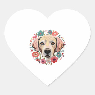 Gul lab Labrador med blommor blommigt Embroidery Hjärtformat Klistermärke