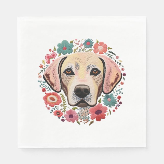 Gul lab Labrador med blommor blommigt Embroidery Pappersservett (Framsidan)