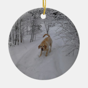 Gul lab leka i ny vintersnö julgransprydnad keramik