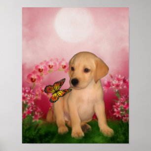 Gul lab Puppy Butterfly Lily Flowers Hund Art Poster