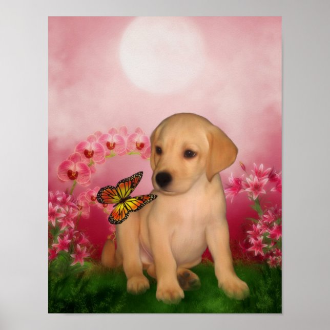 Gul lab Puppy Butterfly Lily Flowers Hund Art Poster (Framsidan)