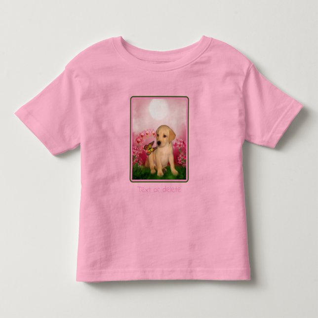 Gul lab Puppy Butterfly Lily Flowers Hund Art T Shirt (Framsida)