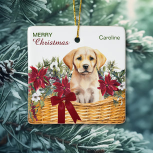 Gul lab Puppy Poinsettia jul Basket Julgransprydnad Keramik