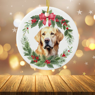 Gul lab Retriever Red Bow Holly WAN Julgransprydnad Keramik