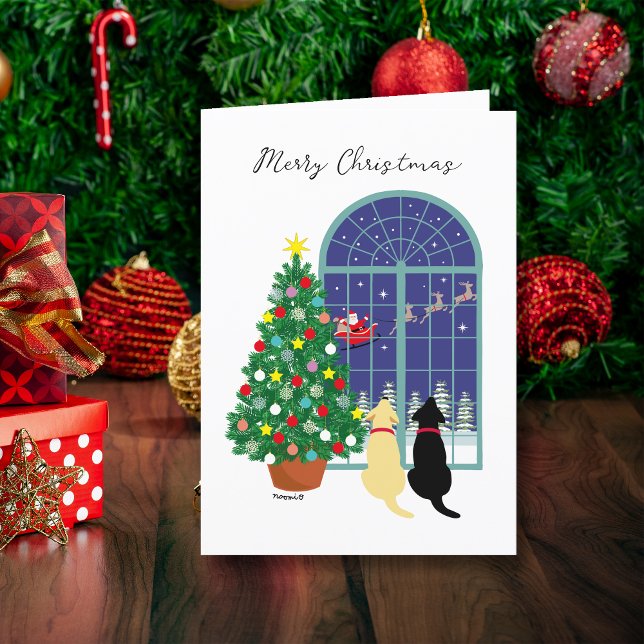 Gul lab, Svart lab magisk nattjul Helgkort (Yellow Lab, Black Lab Magical Night Christmas Cards.  Santa Claus in the sky.  Labrador Retriever.)