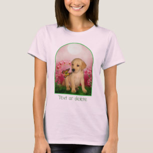 Gul Lab Valp Fjäril Lila Blommor Hund Konst  T Shirt