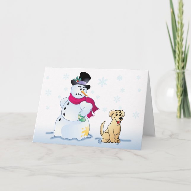 gul lab valp och snögubbe helgkort (Framsida)