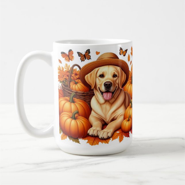Gul labrador med halmhatt pumpor och höstlöv kaffemugg (Vänster)