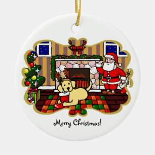 Gul Labrador och Santa jultecknad Julgransprydnad Keramik