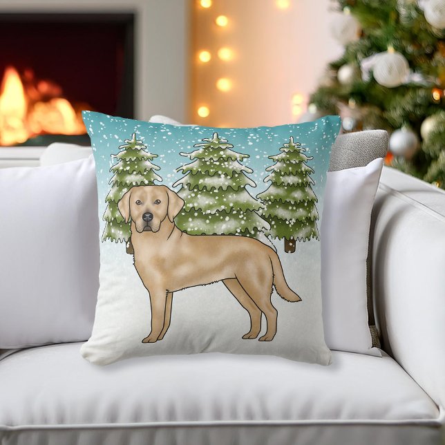 Gul Labrador Retriever Blå Snö Vinter Skog Kudde (Skapare uppladdad)