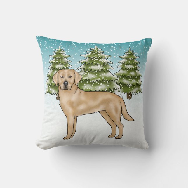 Gul Labrador Retriever Blå Snö Vinter Skog Kudde (Framsida)